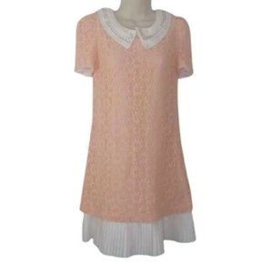 Viscap Pink Floral Lace Embellished Pixie Collar Pleated Ruffle Hem Dress